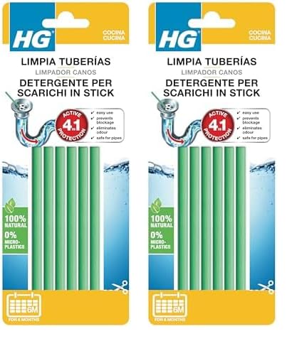 HG Limpia Tuberias en Sticks, Potente Desatascador de Tuberías Profesional, Cañerías y Desagües, Producto Ecológico con Ingredientes Naturales, Elimina Malos Olores - 6 Palillos (Paquete de 2)