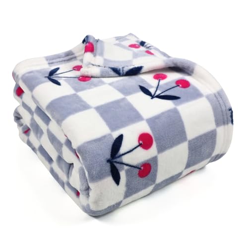 Cherry Blanket - 50x60 Plush Bedding for Couch or Bed Cozy & Lightweight Soft Blanket with Cherry Checker Print (Blue)
