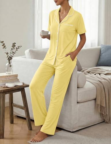 Image of ZMJ Womens Pajamas Sets 2 Piece Button Up Pj Sets Short Sleeve with Long Pant
