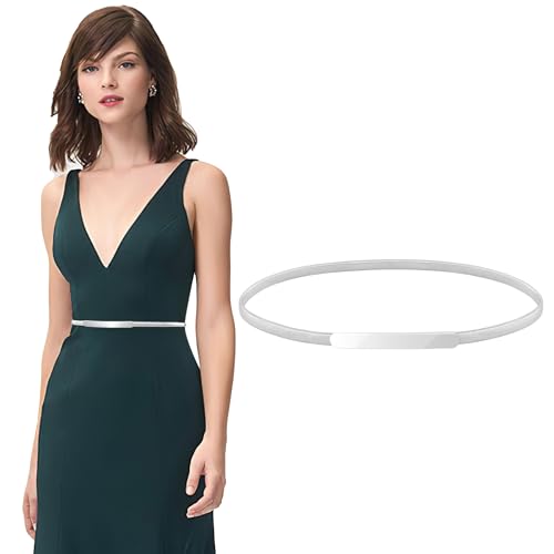 VONMELLI Schmaler Metall Taillengürtel für Kleid Damen Elastischer Dünner Kettengürtel für Damen Silber M