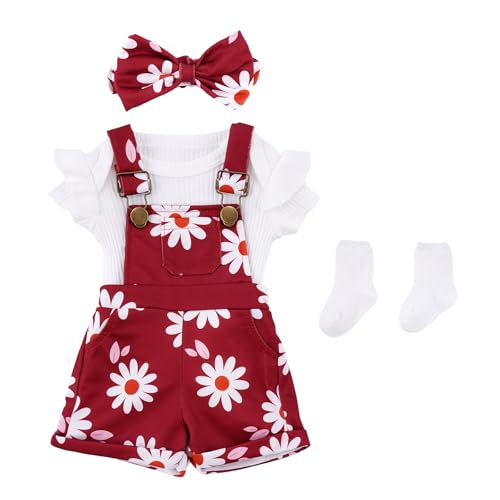 BABESIDE 4 Pcs Reborn Baby Doll Clothes for 17-22 Inch Babydolls Cute Wine Red Flower Dolls Overalls Lifelike Reborn Baby Doll Accessories with Headband and Socks for Realistic Dolls Girl
