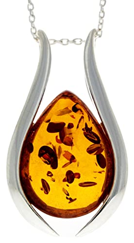 UK - 925 Sterling Silver & Genuine Baltic Amber Large Modern Pendant - GL213V