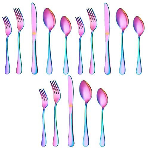 Image of Rainbow Silverware Set, Rainbow Flatware Set for 4, Stainless Steel Tableware Cutlery Set, Utensil Sets for Kitchen, Forks and Spoons Silverware (Rainbow, Set of 15)