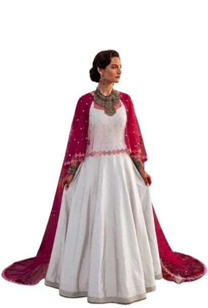 Hot Pink Bridal Poncho with Mirror Work and Floral Lace Border-image-8