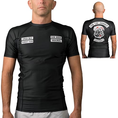 Gold BJJ Combat Club Rash Guard - Short Sleeve No-Gi and Gi Jiu Jitsu Rashguard for Men and Women, Black