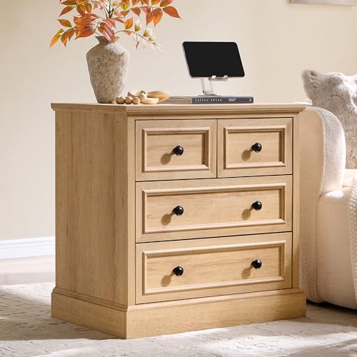 Image of ACCOHOHO Farmhouse Nightstand with 4 Drawers, 26 inch Wide End Table with Storage, Modern Nightstand with Charging Station for Bedroom, Natural Oak