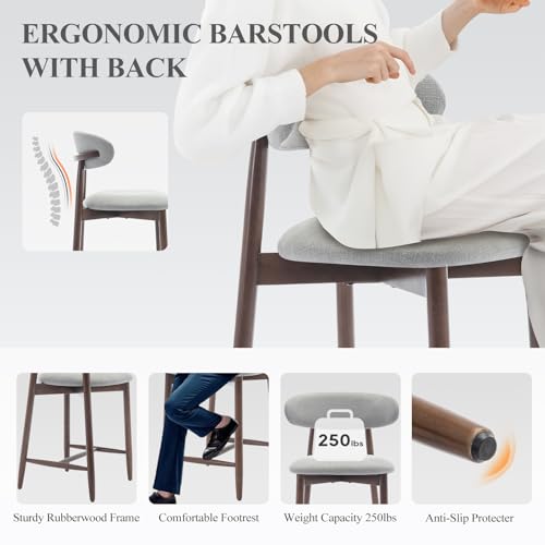 COLAMY Upholstered Counter Height Bar Stools Set of 2, Kitchen Island Stools with Back, Modern Counter Stools Island Bar Chairs with Wood Legs for Kitchen Island Dining Room Bar, Light Grey