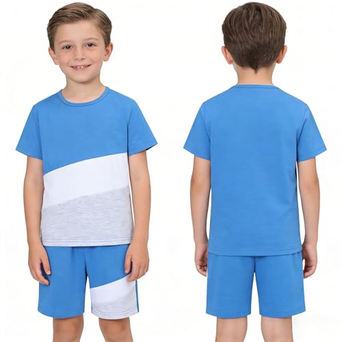 Image of Ayzozuy Boy Clothes Colorblock Top + Drawstring Waist Shorts 2 Pieces Kid Summer Outfits Set