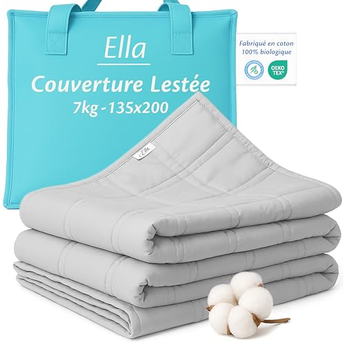 Ella Couverture Lestée Adulte 135x200cm 7kg - Couverture Pondérée Relaxante & Calmante - 7 Couches, Perles de Verre Hypoallergéniques, Couche Externe Coton Doux & Rafraîchissant - Weighted Blanket