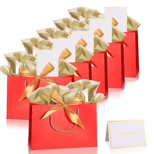 6 piezas Bolsas de Regalo con Lazo Rojo,Bolsa de Papel Cumpleaños Medianas con Asa,6 Tarjeta Felicitación y 12 Pañuelos,Embalaje Regalo para Cumpleaños,Fiestas,Bodas,Baby Showers,Celebración