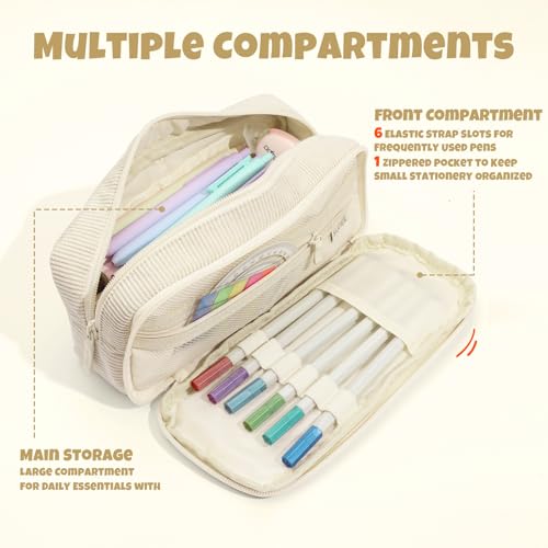Image of SUNEE Pencil Case, Large Capacity Pencil Pouch, Aesthetic Big Pen Bag, Soft Corduroy Fabric Pen Box for Office Stationery Organizer School Supplies Multifunctional for Teen Boys Girls Women Men, Cream
