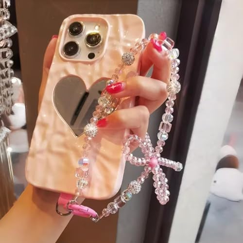 Image of Phone Charm with Beaded Chain | Acrylic Phone Strap for Mobile Keys & Bags | Decorative Wrist Strap | Lanyard Charms | Keychain Accessory for Women Girls (Crystal-Pink-Bow)