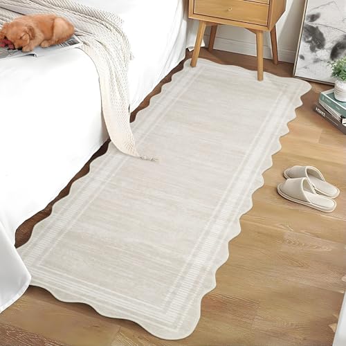 Washable Pink Runner Rug 2x6ft for Hallway/Kitchen/Entryway ? Soft, Low Pile, Modern Scalloped Edge, Non-Slip, Minimalist Area C