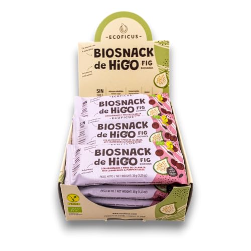 ECOFICUS BIOSNACK Barritas Energéticas sabor Arándano - Higo Seco Sin Azúcar Añadido, 100% Natural y Orgánicas, Sin Gluten, Vegana - Pack 12x35g, Arándano rojo)