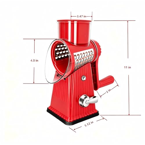 Image of Rotary Cheese Grater with 5 Well-designed Blades & Strong Suction Base, Kitchen Mandoline Vegetable Slicer with Blade Storage Box (RED)