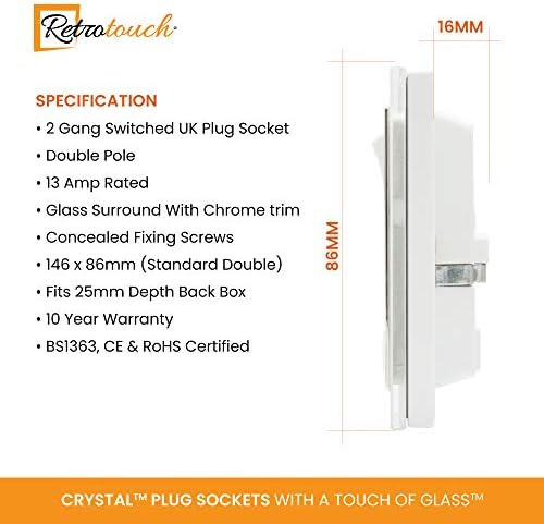 Retrotouch Crystal 13A 2-Gang DP Switched Plug Socket White Glass with Chrome Trim, w8 x h86 x d146 mm