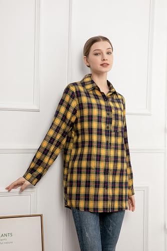 Minibee Women's Cotton Blouses Tops Plaid Long Sleeve High Low Button Down Shirts Tunic3
