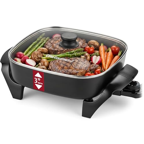 Image of Elite Gourmet PFAS-Free Ceramic Electric Skillet, Extra Deep 12 inchx12 inchx3 inch, Less Splatter, Dishwasher Safe, Rapid Heat, EG2313, 1200W, Black