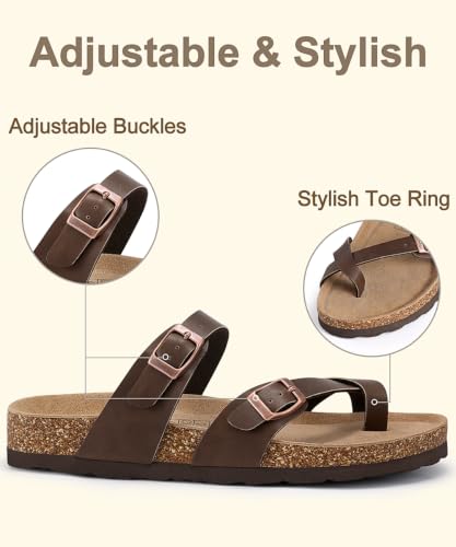 Image of KIDMI Women's Cork Footbed Sandals with Toe Loop, Comfortable Summer Slip-On Slides with Adjustable Buckle
