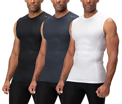 Devops 3 Pack Men's Athletic Compression Mesh Sleeveless Shirts (Small, Blalck/Charcoal/White) #TOP19