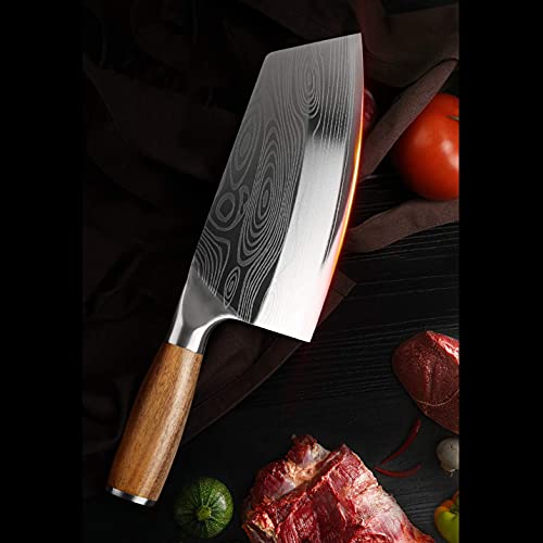 BLADESMITH Cleaver Knife for unfrozen meat and vegetable, 7" Chinese Chef's Kitchen slicer, Razor sharp HC German Stainless Steel blade with lasered damascus pattern, pearwood Handle