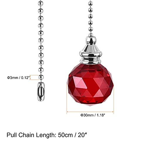 Image of uxcell Ceiling Fan Pull Chain, 20 Inch Nickel Finish Chain Ornament Extension, 30mm Red Crystal Ball Pendant