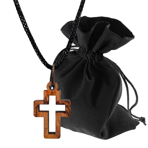 Lunexus Colgante de cruz pequeño de madera de olivo hecho a mano en Belén con cinta negra de 80 cm y bolsa de terciopelo bendecido con certificado discreto collar regalo bautizo comunión