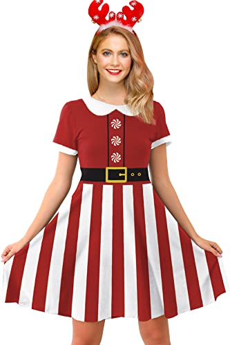 Women's Christmas Dress Casual Short Sleeve Swing A-Line Loose Fit Party Costume Red Striped M