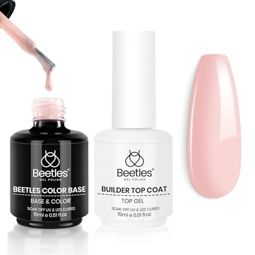 Beetles Color Base Coat & Builder Top Coat Gel Set, 2Pcs 15ML Nude Pink Color Base Gel Ultra Shine No Wipe Builder Top Coat Gel for Nails, Long Lasting Thick Base For Nail Strengthening Gift for Girls