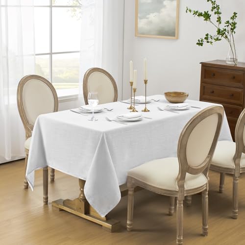 Softalker Linen Textured Rectangle Tablecloth, Waterproof Wipeable Farmhouse Burlap Table Cloth, Stain Resistant Wrinkle Free Table Covers for Kitchen Dining Holiday Party (60 x 84, White)