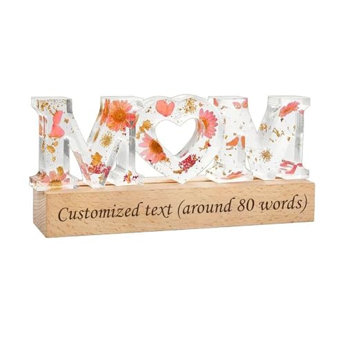 Personalisiertes MOM Schild mit gepressten Blumen, Acryl-Buchstaben auf Holzsockel, 20 cm, Muttertagsgeschenk, für Schlafzimmer & Wohnzimmer
