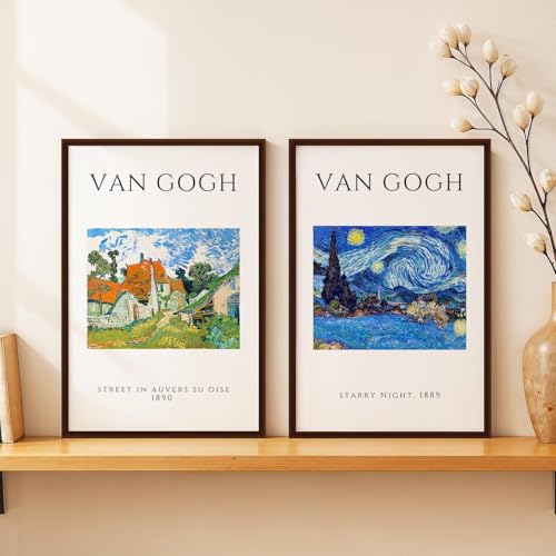 Image of SoulAbiti Street in Auvers-sur-Oise - 1890 & The Starry Night 1889 Framed Wall Art Print Set of 2 12x18 inch Dark Brown Frame Plexi-Glass Famous Paintings Home Living Room Bedroom Office Decor