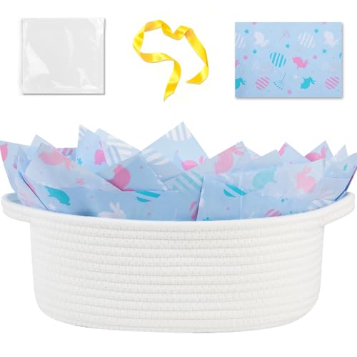Image of OIAHOMY Gift Basket with Handle, Easter Basket with Gift Bag, Ribbon and Wrap Tissue Paper, Nursery Bins Empty to Fill with Small Items, Baby, Pet Toy Organiser - Easter White