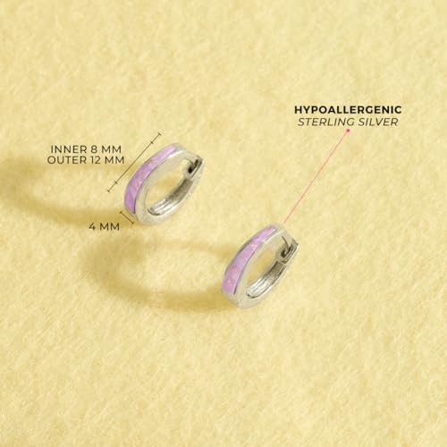 925 Sterling Silver Chunky Simulated Opal Inlay Huggie Hoop Earrings For Little Girls and Preteens 8mm - Young Girls Chunky Hoop Earrings For Everyday Use4