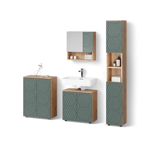 Livinity Ensemble Meubles Bain Ronco, Vert/Force de l'or Chêne, 4 pièces, avec Armoire Haute et Commode