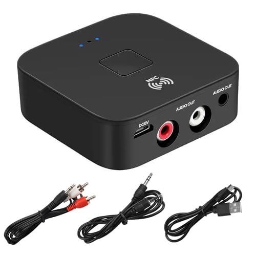 5.0 Bluetooth Audio Receiver Adapter 3.5mm AUX or RCA Input NFC Wireless Bluetooth Extender Wireless Receiver with Dual Interface for Car Laptop Speaker Home Stereo Theater Amplifier Audio Headphone