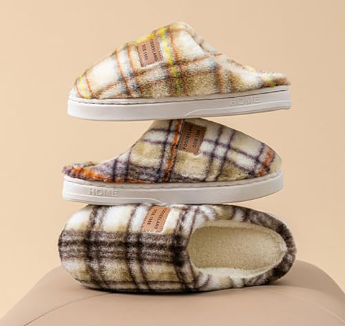 Women's Winter Indoor Fleece-Lined Slippers Thickened Warmth Vintage Check Cotton Slippers Non-Slip Soft-Soled Bedroom Slides4