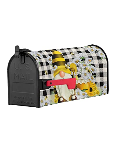 Spring Bee Gnome Magnetic Mailbox Covers 18" X 21", Honey Daisy Farmhouse Summer Flower Mailbox Wraps Standard Size Buffalo Plaid Post Letter Box Cover For Garden Yard Home Patio Decor #TOP1