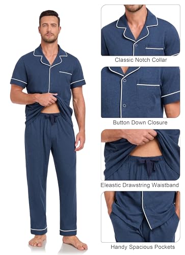 EA'S SECRET Mens Pajamas Set 100% Cotton Soft Button Pajamas for Men Short Sleeve Sleepwear 2 Piece Lounge Pjs Sets4