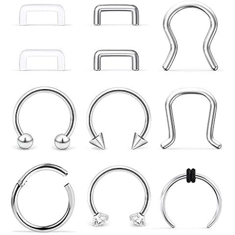 Ftovosyo 11Pcs 14G Septum Jewelry Surgical Steel Nose Septum Rings Piercing Jewelry Retainer Horseshoe Vertical Labret Lip Hoop Ring for Women Men 10mm 3/8 Inch Silver-Tone Cover
