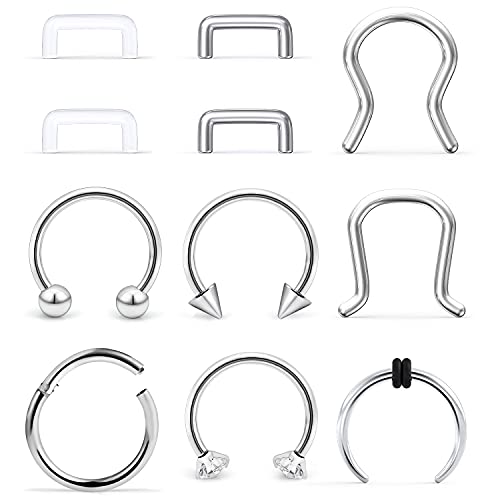 Ftovosyo 11Pcs 14G Septum Jewelry Surgical Steel Nose Septum Rings Piercing Jewelry Retainer Horseshoe Vertical Labret Lip Hoop Ring for Women Men 10mm 3/8 Inch