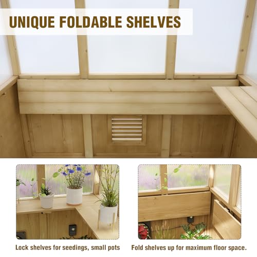 Image of EAGLE PEAK 6.7x9.7x7.7 ft Wood and Polycarbonate Walk-in Greenhouse, Cedar Hobby Green House with 2 Roof Vents, Mesh Cover Included, Natural