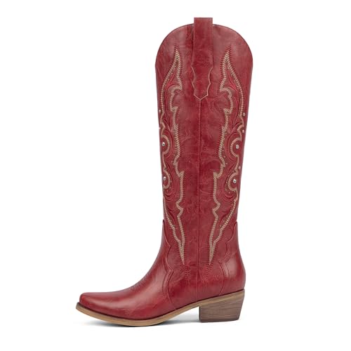 QIY Red Cowboy Cowgirl Boots for Women Knee High Cowgirl Rhinestone Sparkly Western Embroidered Tall Cowboy Boots Womens with Chunky Low Heel Pointed Almond Toe Side Zipper Red Size 6.5