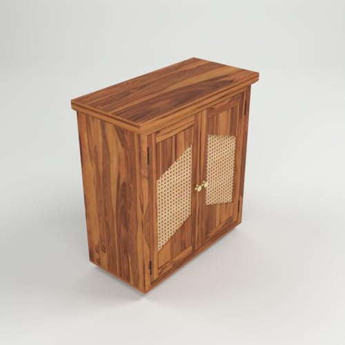 Image of Solid Sheesham Wood Sideboard Cabinet for Living Room | Wooden Storage Cabinet with 2 Designer Cane Doors & Shelf | Modern Geometric Rattan Sideboard for Home (Honey Finish)