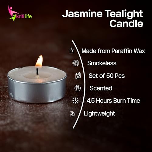 Image of Kriti Life Jasmine Scented Tealight Candles 100% Paraffin Wax 4.5 Hours | Smokeless Dripless White Candles for Home Meditation - Set of 50