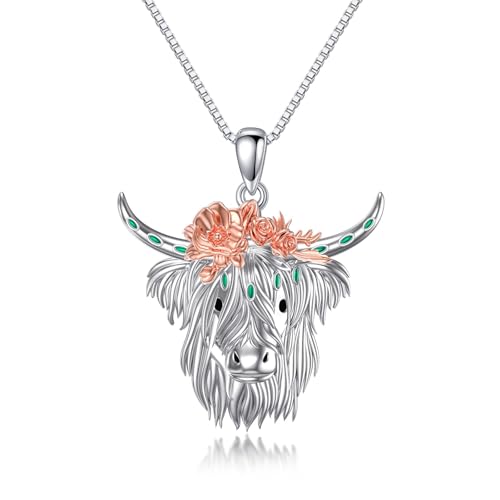 Flpruy Highland Cow Necklace for Women Sterling Silver Highland Cow Jewelry Scotland Cow with Rose Pendant Highland Cow Lover Gifts for Women Birthday Back to School