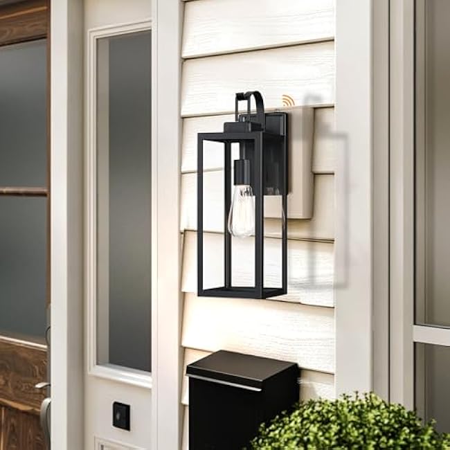 WISBEAM 17.75in Large Size Dusk to Dawn Wall Sconce for House, Black Outdoor Wall Lantern, Modern Porch Lights Outdoor, Metal Construction with Clear Glass, 1 Pack