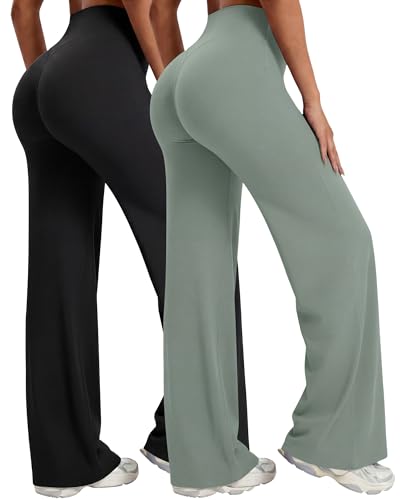 Image of Coume 2 Pack Women Workout Leggings Straight Wide Leg No Front Seam Yoga Gym Pants High Waist Buttery Soft Stretch Leggings