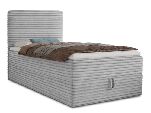 Sofnet Boxspringbett Mollo Mini mit Bettkasten und Matratzentopper - Einzelbett mit Bonell-Matratze und Topper, Polsterbett in weichem Cordstoff, Bett, Schlafzimmer (Grau (Tilia 86), 90 x 200 cm)