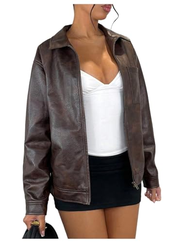 WDIRARA Women's Zip Up PU Leather Jacket Long Sleeve Motorcycle Jacket Outerwear